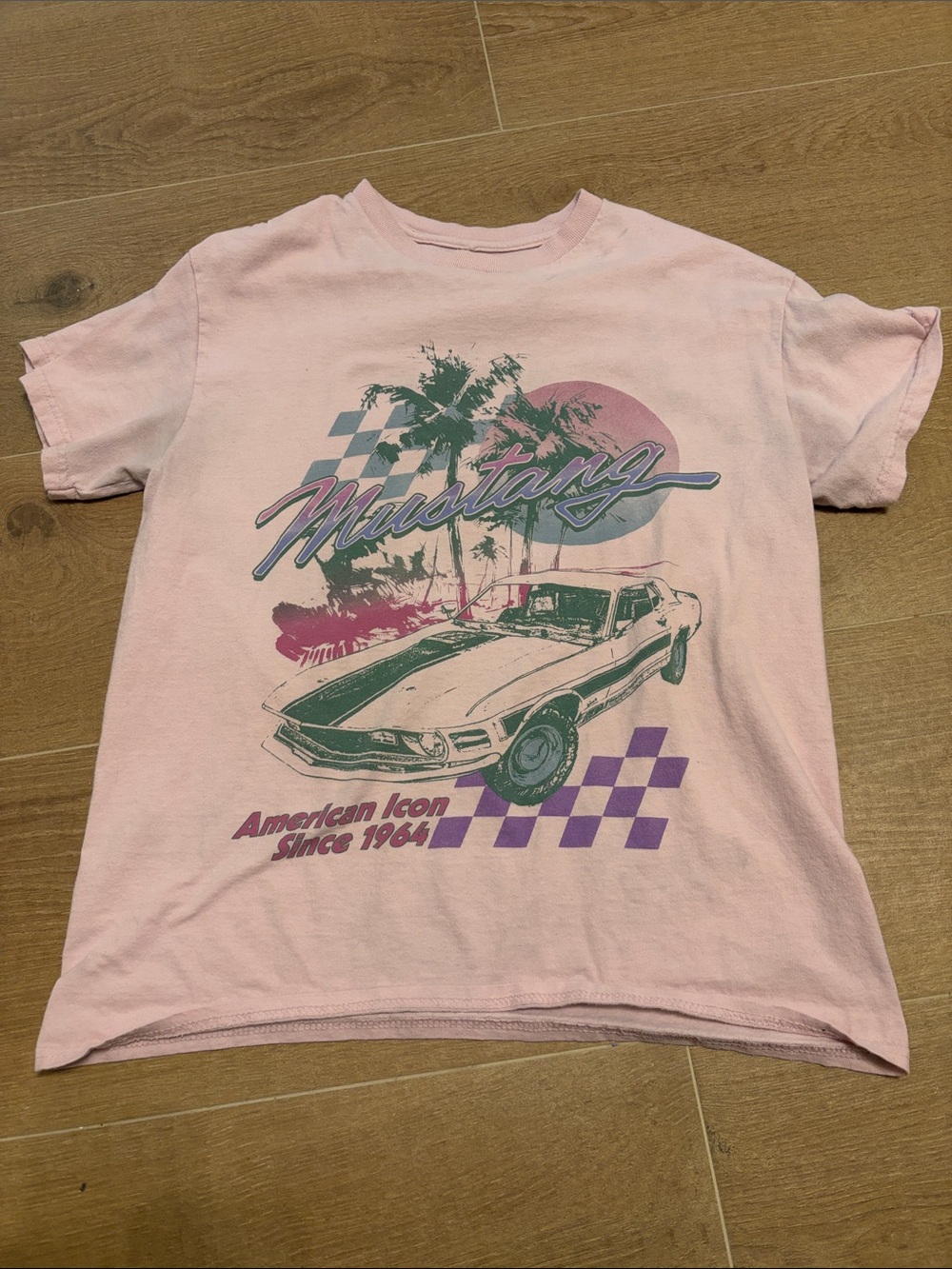 Ford Pink Mustang Graphic Tee with Green and Purple Accents